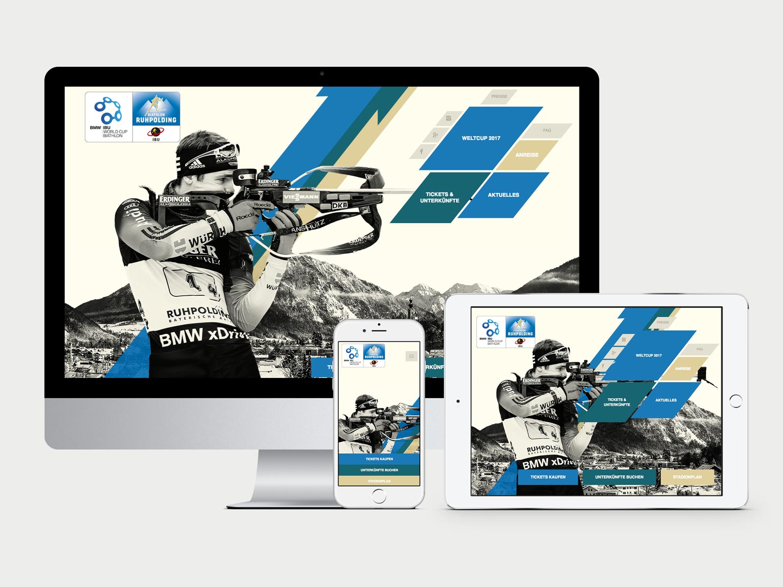 Screenshot der Startseiten Darstellung der Website auf Monitor, iPhone6 und iPad Air