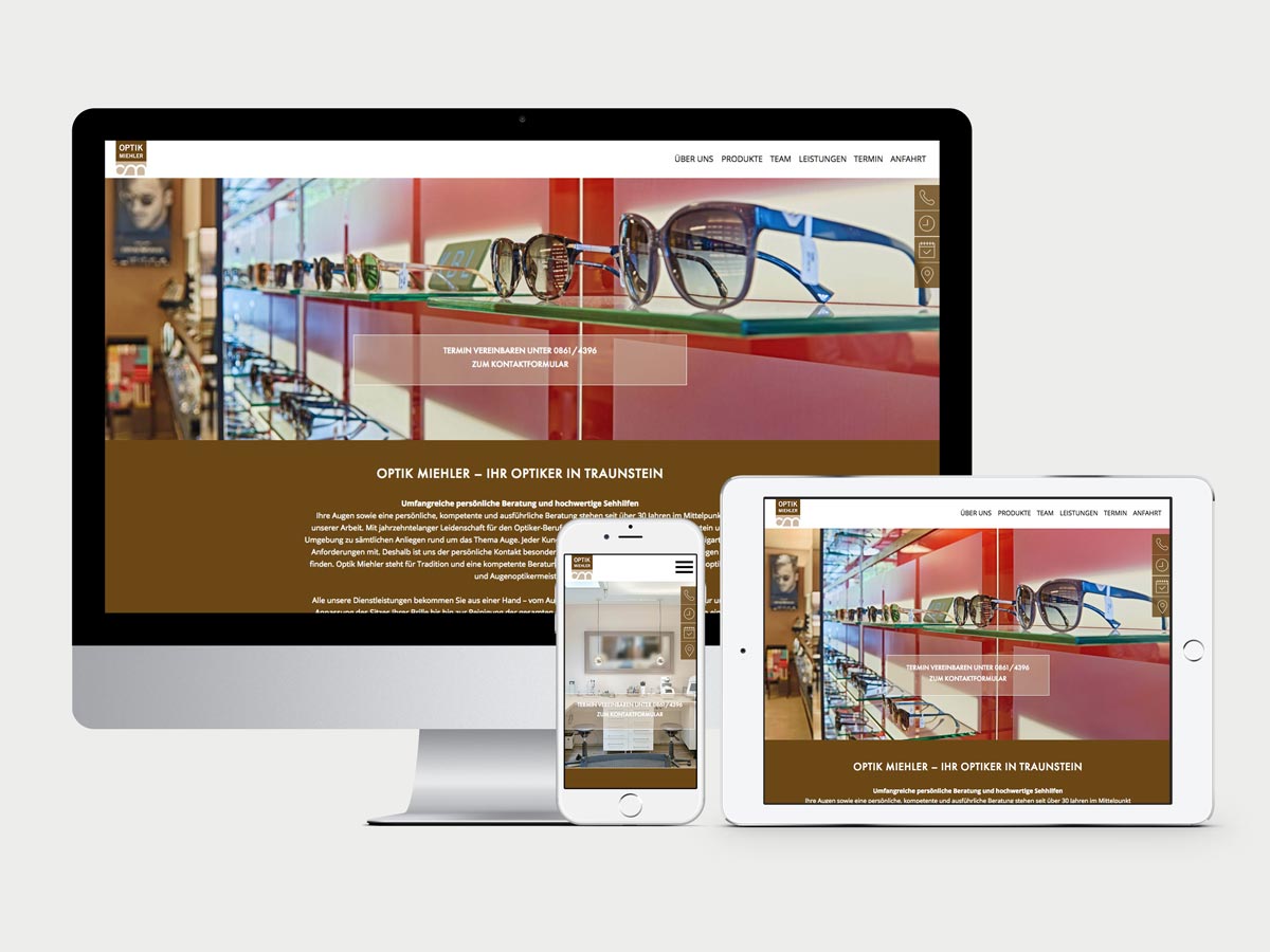 Website Optik Miehler - www.optik-miehler.de Darstellung der Website Optik Miehler auf Monitor, iPhone6 und iPad Air