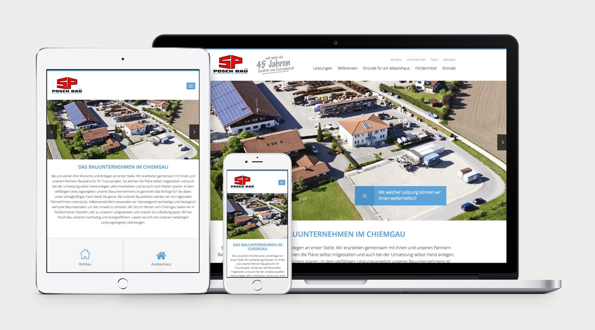 Posch Bau Website Startseite von Posch Bau auf Macbook Pro, iPad und iPhone