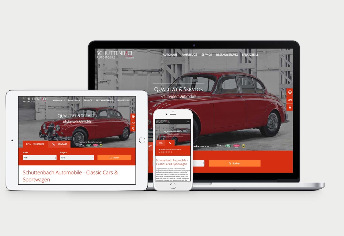 Schuttenbach Automobile Website Startseite von Schuttenbach Automobile GmbH, dargestellt auf Macbook Pro, iPad und iPhone