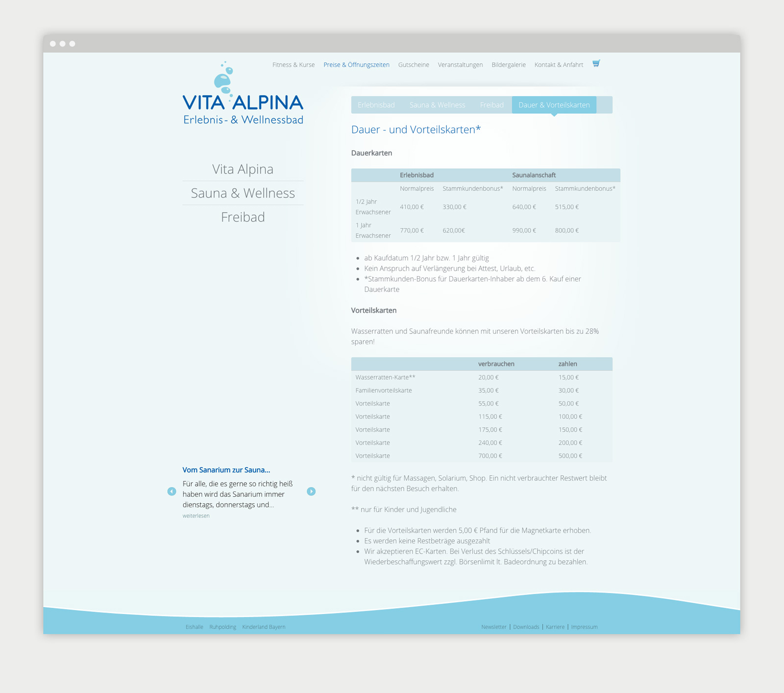 Vita Alpina Website Preisliste